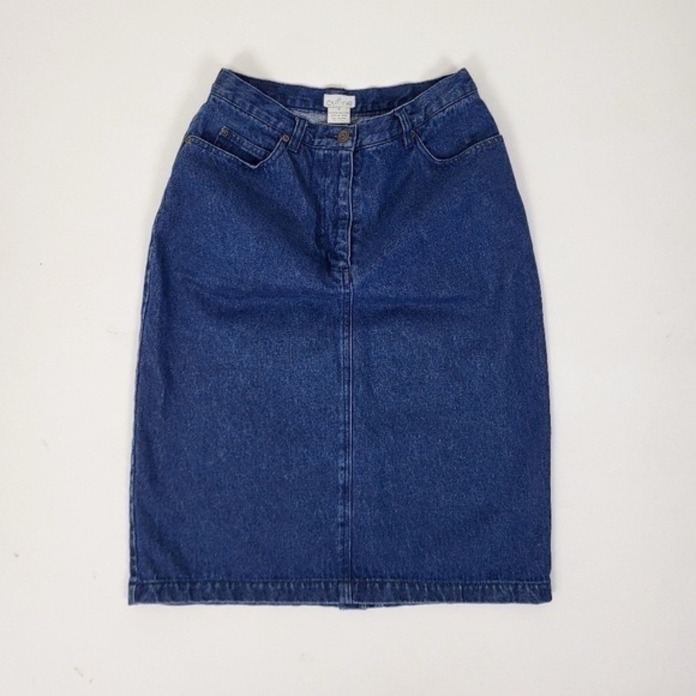 90s Denim Midi Skirt knee length jean vintage front zipper slit pencil